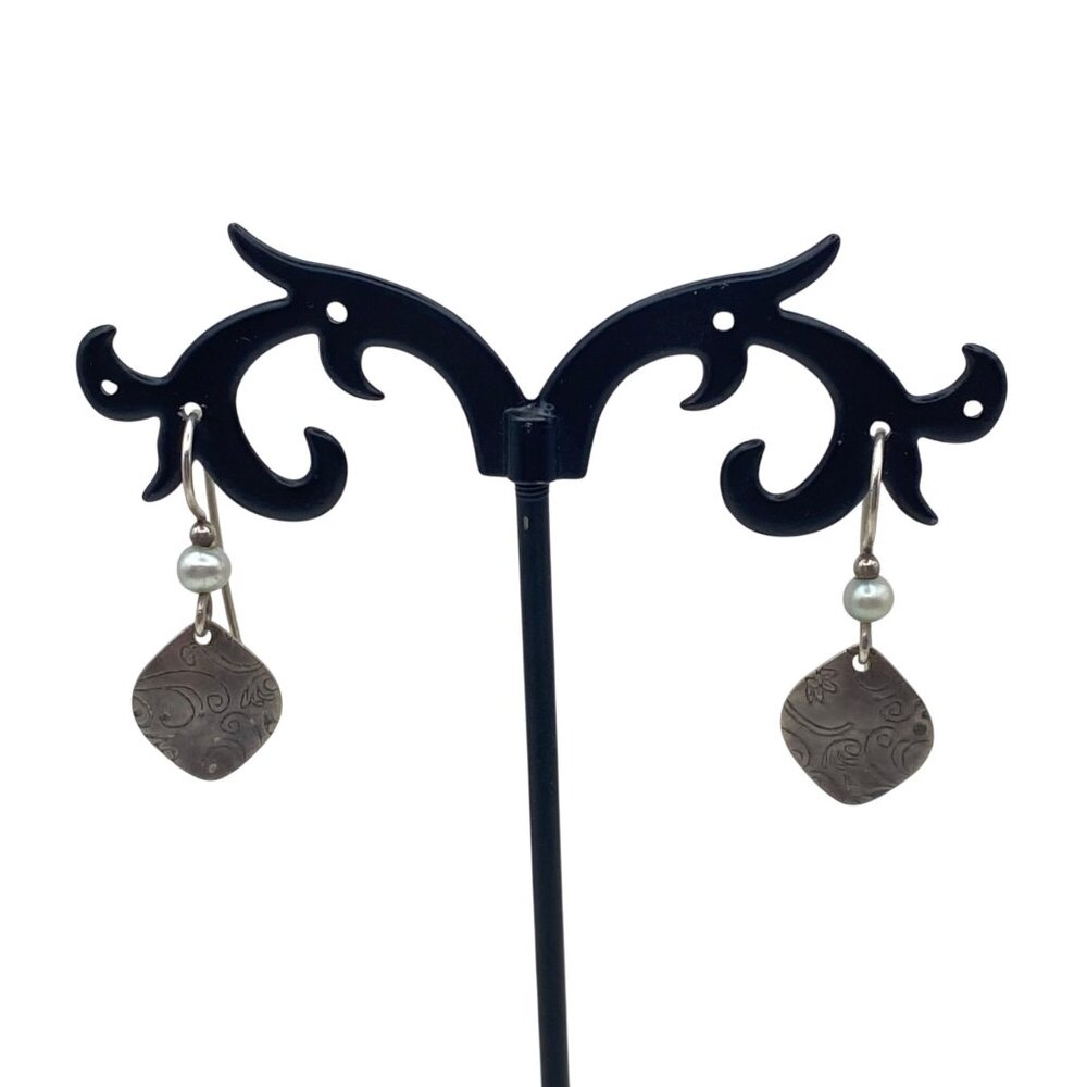 Tested Sterling Silver Earrings Freshwater Pearl Engraved Floral Boho Vtg Dangle - Picture 5 of 10